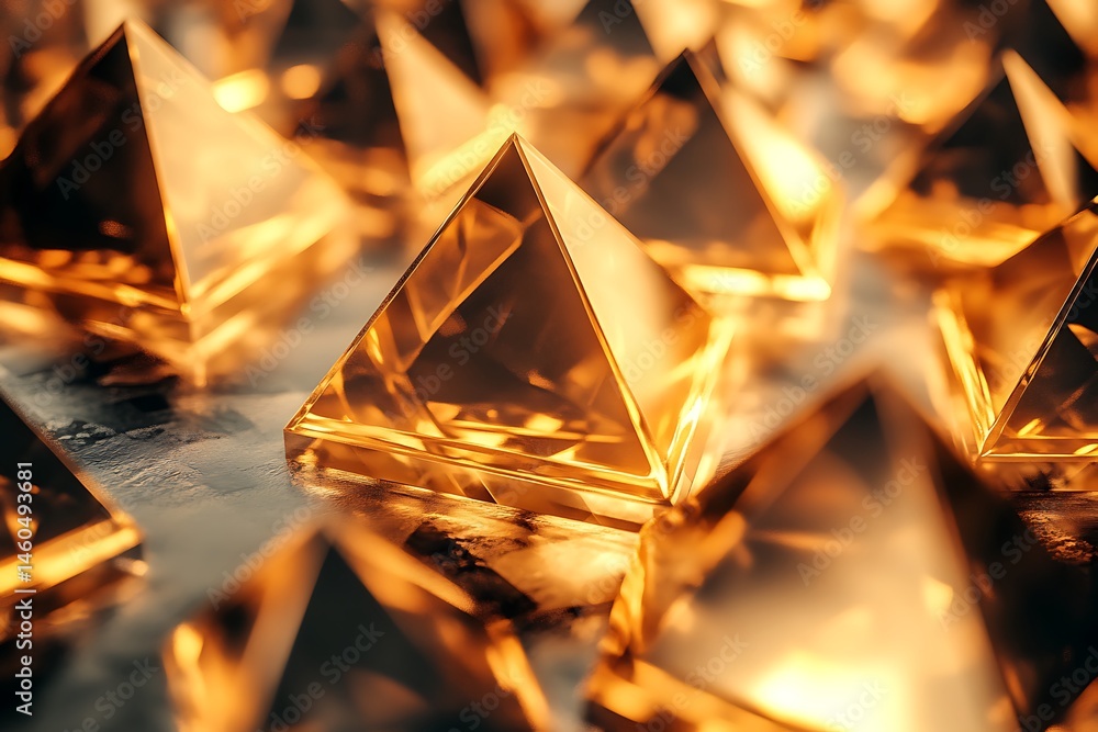 Poster golden pyramidal structures gleam with sharp reflections across a shimmering textured surface, creat