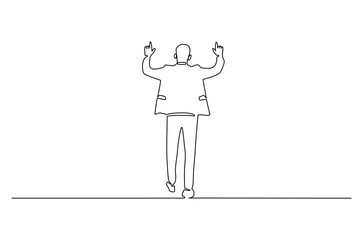 Continuous one line drawing of Happy businessman and raise hand. Single line drawing illustration of Young businessman. Success business concept vector art. Doodle line illustration.