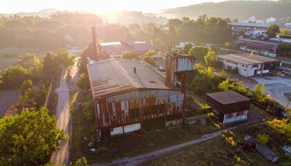 Abandoned Industrial Complex Surrounded by Lush Greenery at Sunrise