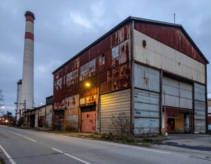 Abandoned Industrial Building with Smokestack at Dusk in Urban Setting
