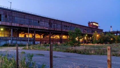 Industrial Warehouse at Dusk with Glowing Windows and Overgrown Land