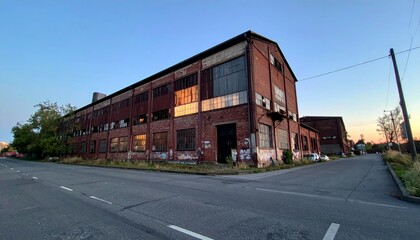 Abandoned Red Brick Warehouse at Sunset with Empty Street View