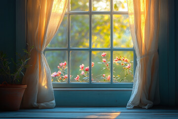 Curtains part to reveal vibrant flowers in a window.