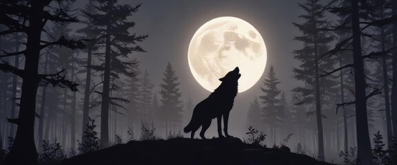 Silhouetted wolf howls under a bright moon in a shadowy forest ,  ambient,  forest