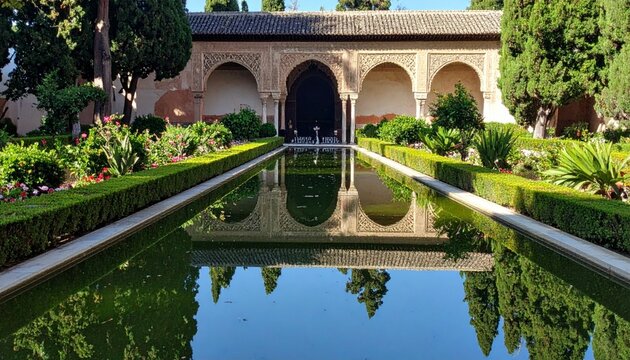 Tranquil Reflection in Historic Garden with Lush Greenery and Water