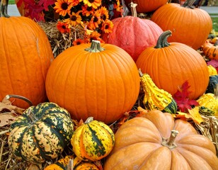 Colorful Autumn Pumpkins and Gourds in Festive Harvest Display