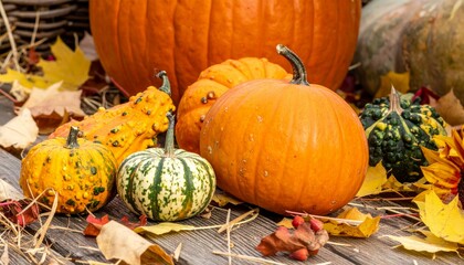 Vibrant Autumn Pumpkin Display with Colorful Leaves and Gourds