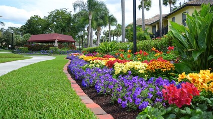 Obraz premium Colorful flowerbeds line a paved walkway, surrounded by lush green grass and mature trees, leading to homes. A gazebo provides shade in the background