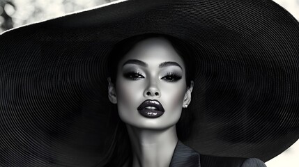 Monochrome portrait of a woman wearing a large hat.