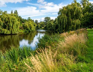 Tranquil River Scene with Lush Greenery and Blue Sky Reflections