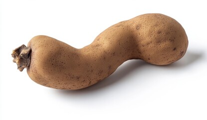 Single whole, light brown fruit, curved shape, isolated on white