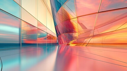 Closeup of a corporate tower's reflective facade, clean lines and urban reflections, sharp detail representing business innovation.