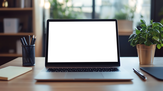 Professional Workspace with a Laptop on Desk Featuring Transparent PNG Cutout Screen and Notepad Nearby - Powered by Adobe