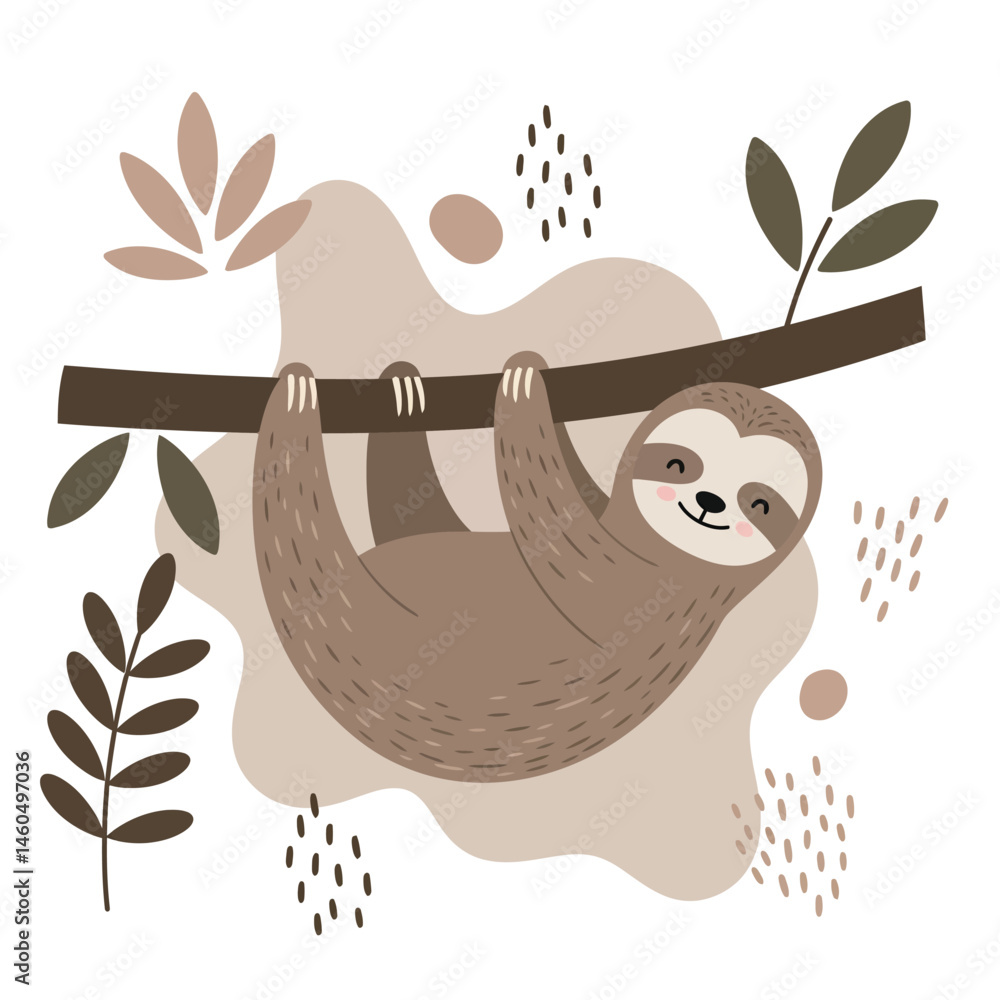 Poster sloth hanging on tree branch with green leaves in minimalistic natural style vector illustration