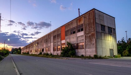 Obraz premium Abandoned Industrial Warehouse at Dusk with Urban Landscape