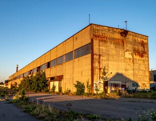 Abandoned Industrial Building with Rust and Overgrown Vegetation