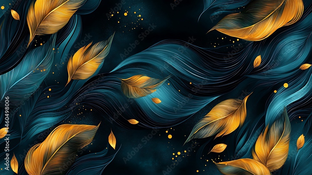 Poster golden yellow leaves dynamically drift through a series of wavy blue lines on a deep dark background