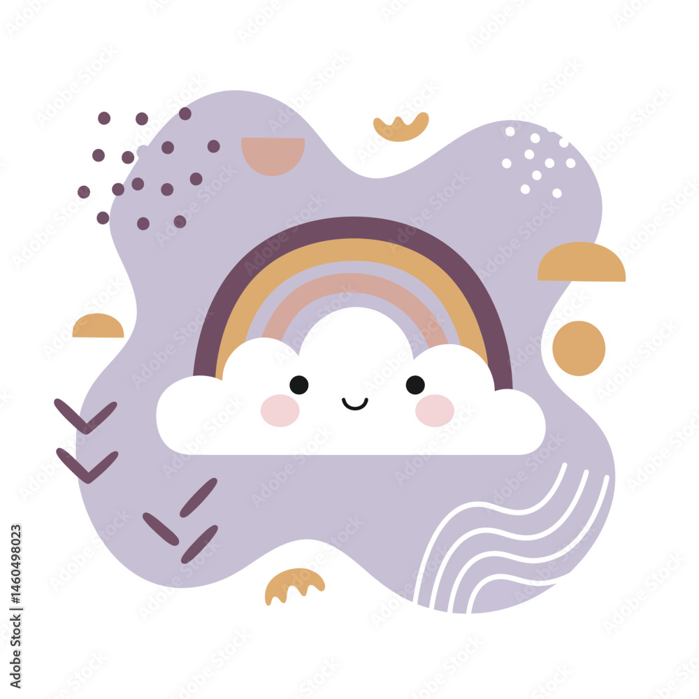 Aufkleber smiling cloud with rainbow and abstract shapes in soft purple and beige vector illustration for chil