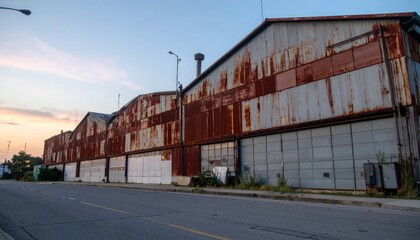 Fototapeta premium Weathered Industrial Warehouse with Rusty Exterior and Urban Setting