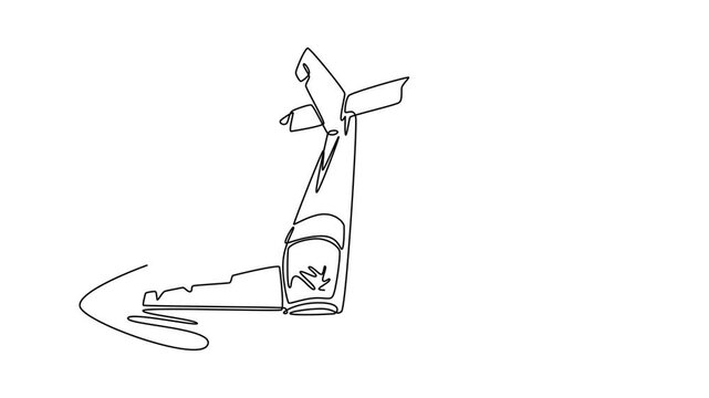 Plane crashes concept . Single line draw design. Full length animation illustration. High quality 4k footage