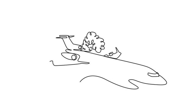 Plane crashes concept . Single line draw design. Full length animation illustration. High quality 4k footage