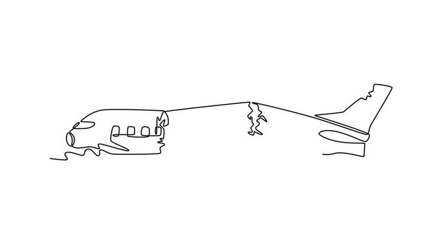 Plane crashes concept . Single line draw design. Full length animation illustration. High quality 4k footage