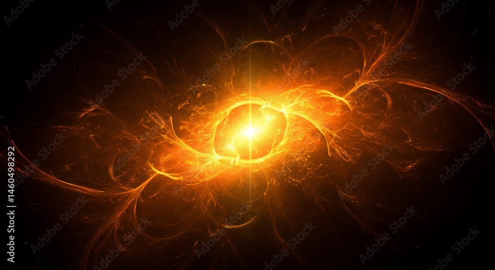 Poster cosmic energy burst in deep space. fiery orange nebula with glowing center. abstract celestial pheno