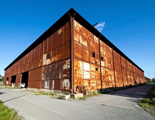 Obraz premium Weathered Industrial Warehouse with Rusted Corrugated Metal Exterior