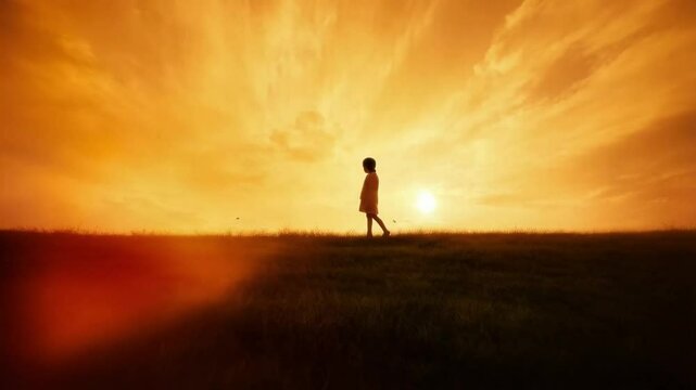 A kid played joyfully in the field during the afternoon, enjoying the warm sunshine and breeze.