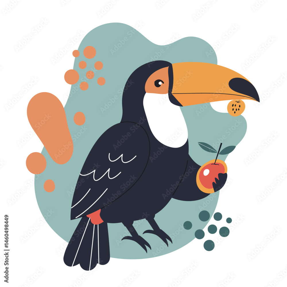 Poster toucan bird holding an apple vector illustration with abstract background and muted color palette