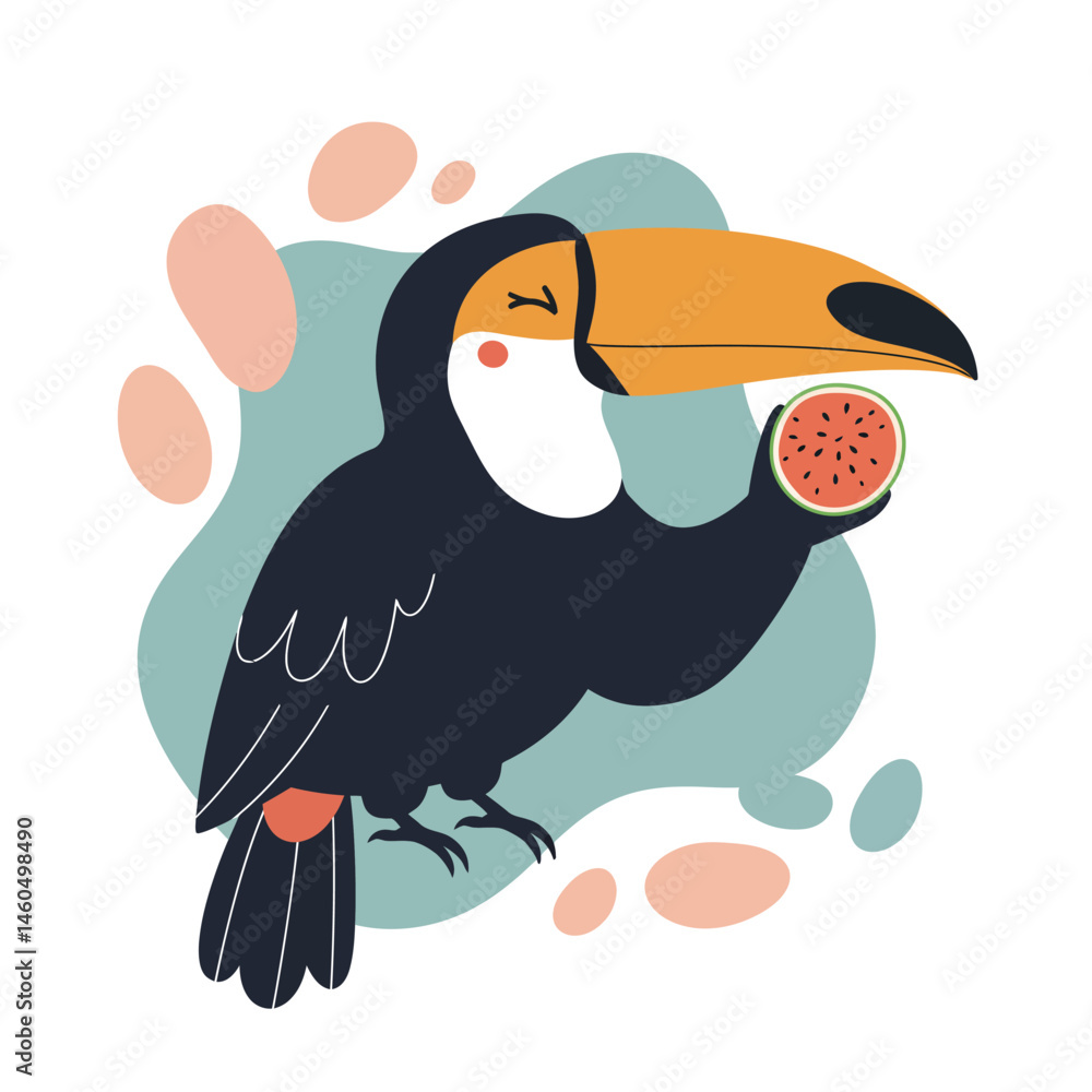 Poster toucan bird holding slice of fruit with abstract colorful background vector illustration