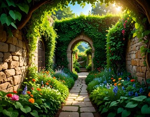 Fototapeta premium Lush Garden Pathway with Colorful Flowers and Sunlit Archway