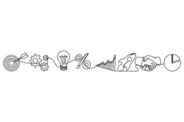 Continuous one line drawing of Set of business icon. Single line drawing illustration of Business strategy. Business growth up concept vector art. Doodle line illustration.