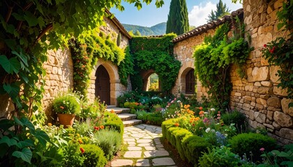 Fototapeta premium Serene Stone Pathway Surrounded by Lush Greenery and Flowers
