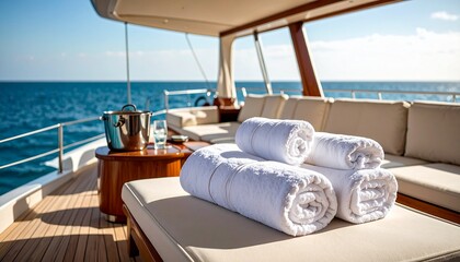 Luxury towels and ice bucket on sunbeds on big yacht