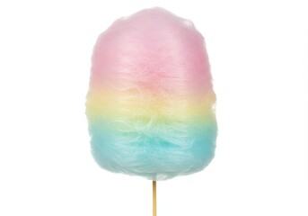 Cotton candy with pastel colors on a wooden stick treat isolated on white background