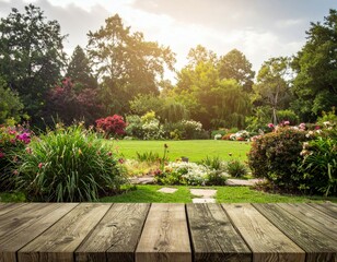 Obraz premium Serene Garden Landscape with Colorful Flowers and Wooden Deck View