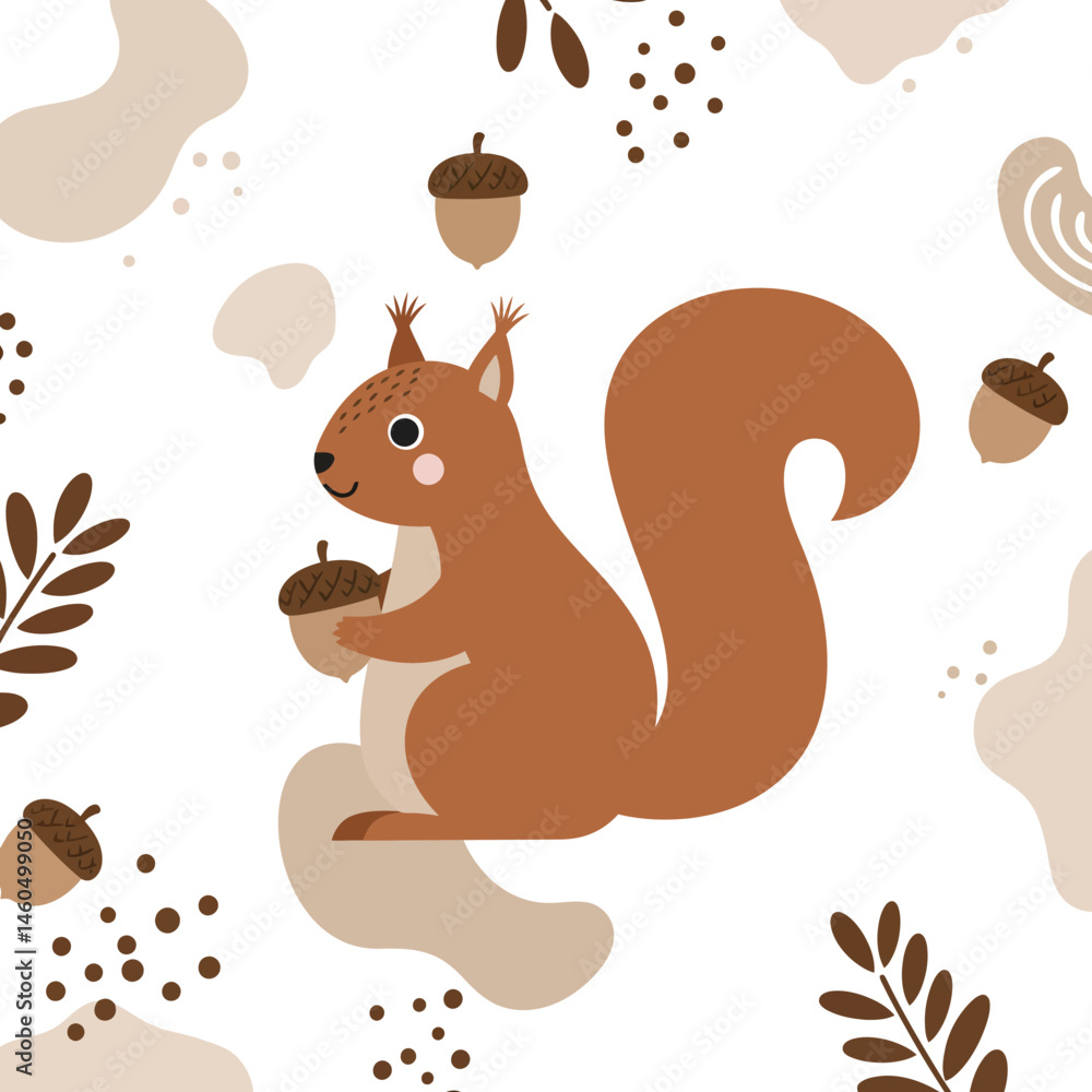 Poster red squirrel holding acorn surrounded by acorns and leaves seamless pattern vector illustration