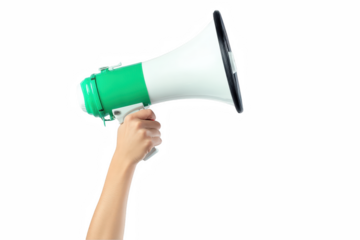 Hand holding green white megaphone announcement loudspeaker public address on transparent background