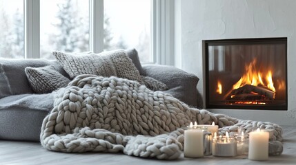 Cozy Winter Home With Fireplace And Chunky Blanket, Interior Scene
