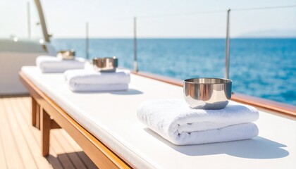 Luxury towels and ice bucket on sunbeds on big yacht