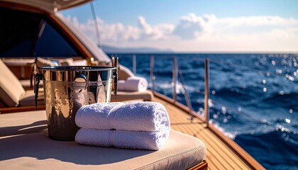 Luxury towels and ice bucket on sunbeds on big yacht