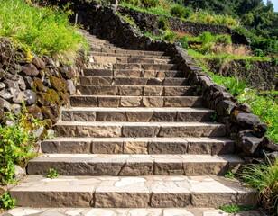 Stone Steps Leading Upward Through Lush Greenery in Nature Pathway