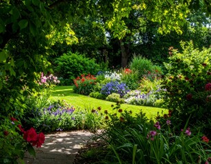 Vibrant Flower Garden Surrounded by Lush Green Plants in Springtime