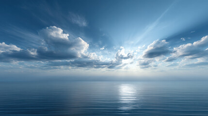 Obraz premium A serene ocean scene with the horizon blending into the blue sky, featuring dramatic clouds and gentle sunlight filtering through them