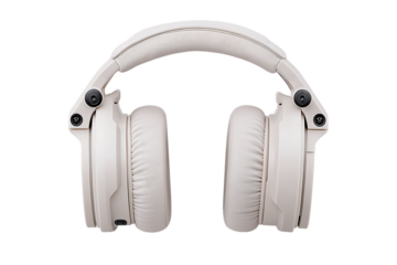 Off-white headphones, padded cushions, audio equipment, studio isolated.