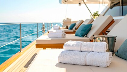 Fototapeta premium Luxury towels and ice bucket on sunbeds on big yacht