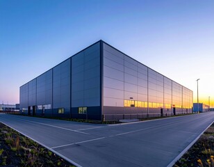 Fototapeta premium Modern Industrial Warehouse Building at Sunrise, Clear Sky