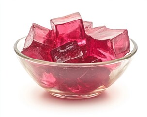 Pink, cubed gelatin dessert in bowl