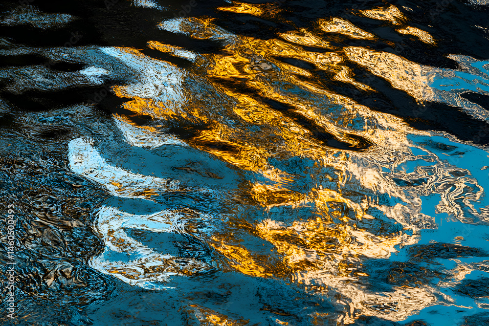 Poster abstract water reflection; swirling gold and teal hues create a mesmerizing pattern, ideal for desig